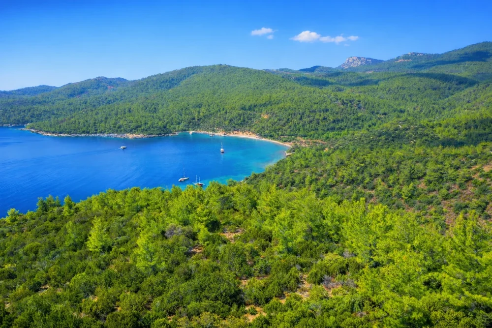 Turquoise waters of Kissebükü Bay in Bodrum with peaceful coastline