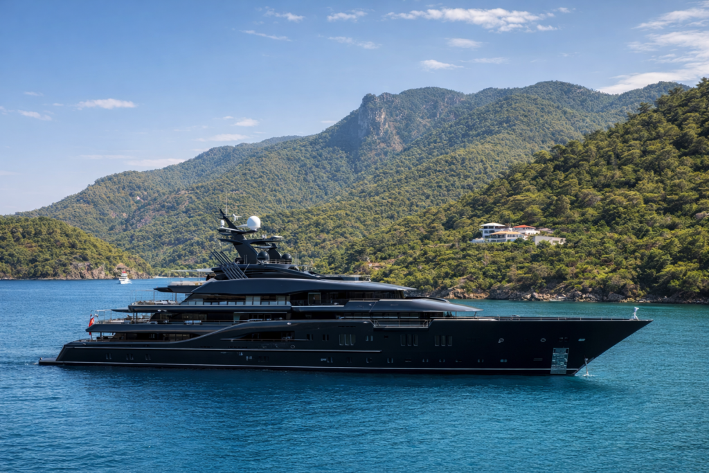 Black elegance at anchor on the Turkish Riviera.