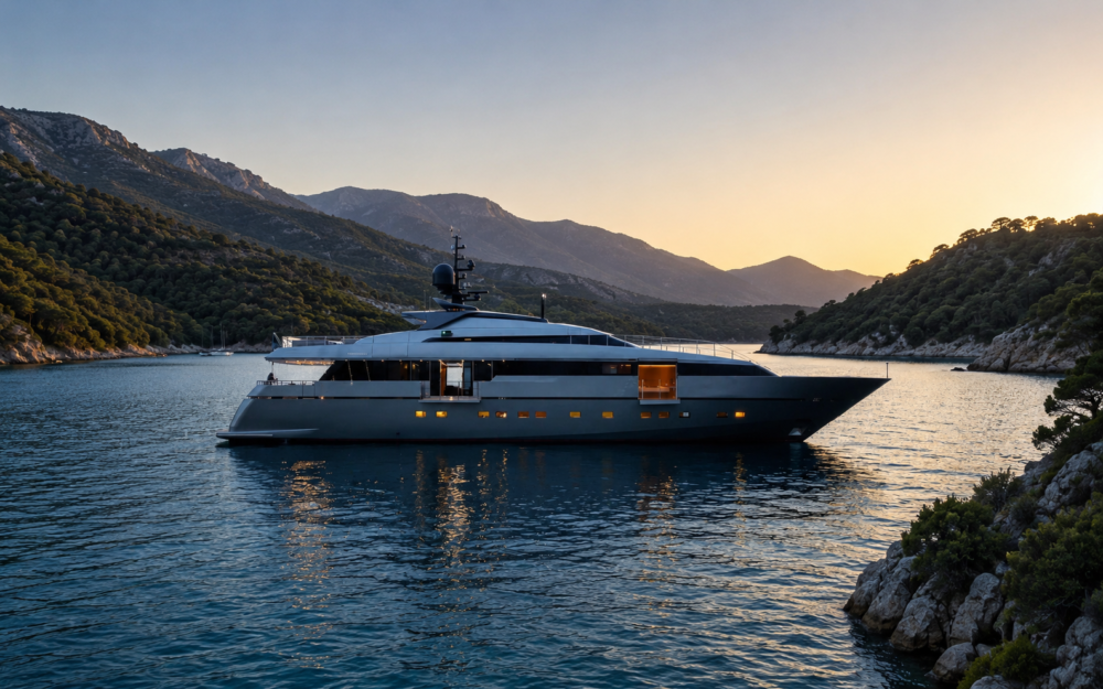 Modern motor yacht cruising the coast during a private Marmaris yacht charter.