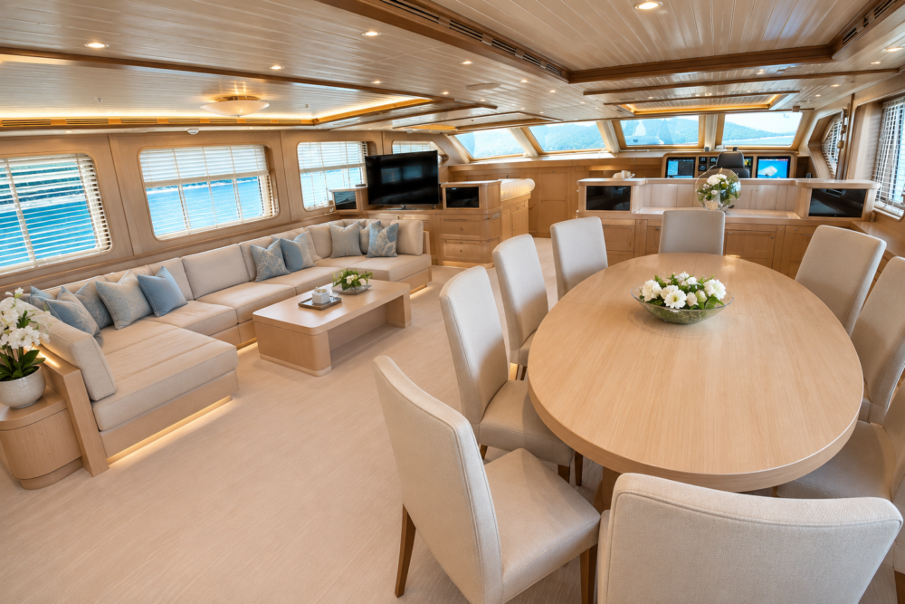 Elegant gulet interior lounge design — refined comfort on a luxury gulet charter in Turkey