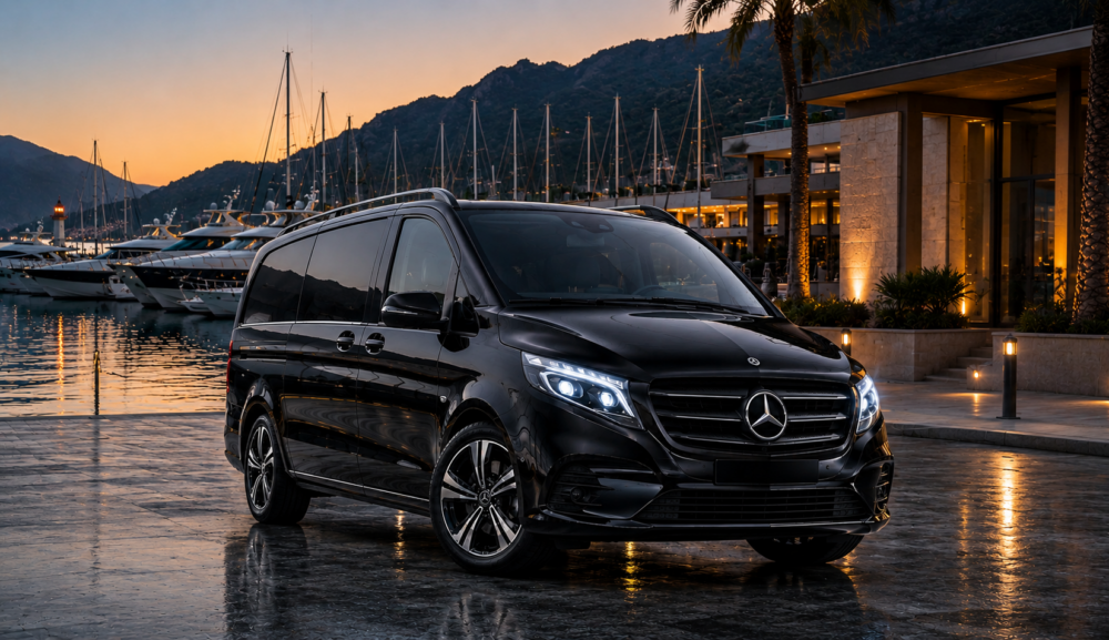 Black Mercedes Vito 4 seater private airport transfer in Marmaris