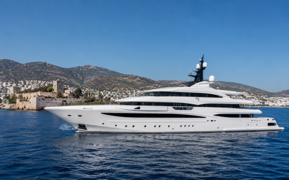 Luxury mega yacht charter in Turkey, cruising the turquoise waters of the Mediterranean.