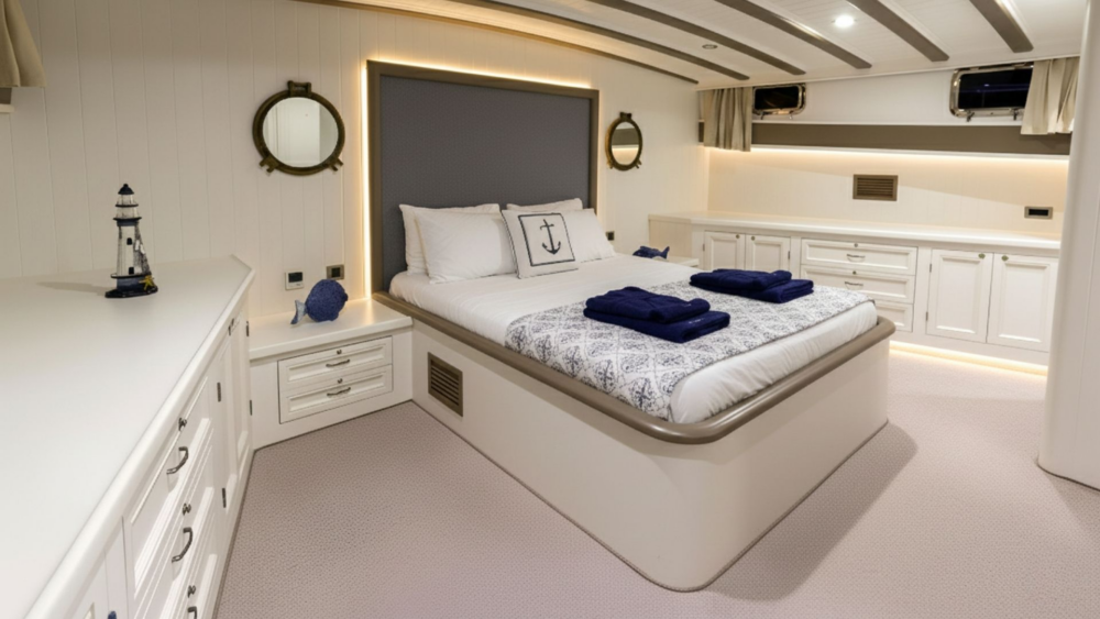 Relax and unwind in our master cabin — the perfect way to experience a luxury gulet charter in Turkey with Blue Sea Gulet Charter.