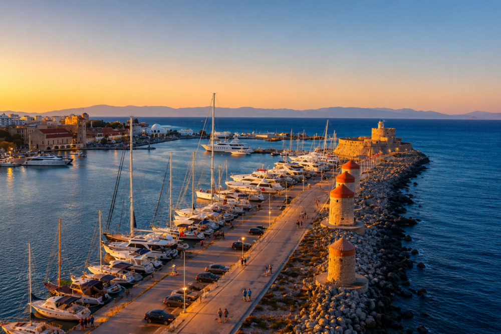 11-Day Marmaris to Rhodes Gulet Cruise docking at Rhodes harbour, framed by historic stone walls and a vibrant marina.